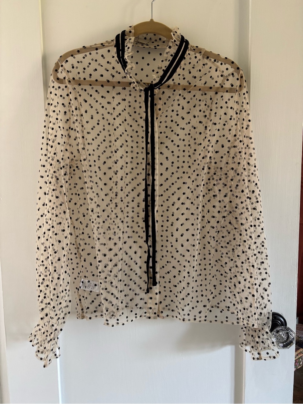LOFT Sheer Polka Dot Long-Sleeve Tie-Neck Blouse - Cream with Black Dots—Sz XL